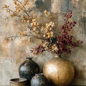 Dark Still Life with Ceramics and Blossoms - Romantic and Luxurious by Joriali Fine Art