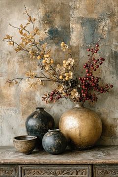 Dunkles Stillleben mit Keramik und Blüten - romantisch und luxuriös
