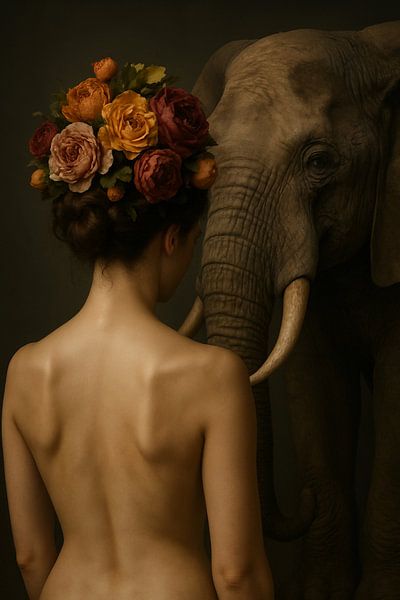 Stille Begegnung - Frau und Elefant mit Blumengirlande von Kleurenrijk