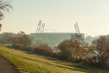 Weser stadion met ochtendmist, Bremen