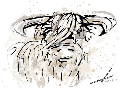 Schotse Hooglander Aquarel en pentekening - modern kunstwerk in waterverf stijl