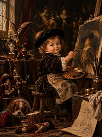 Fröhliches Gemälde – Baby Rembrandt in seinem Atelier von Peter Pen Zeichnungen und Gemälde