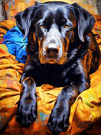 Portrait großer schwarzer Hund liegend naturnah malerisch