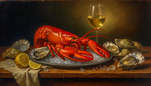 Stilleben Meeresfrüchte mit Hummer als Kunstdruck auf Leinwand