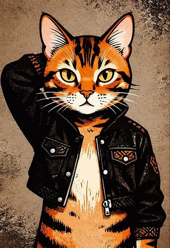 Wanddecoratie met coole oranje tabbykat in een zwart jasje