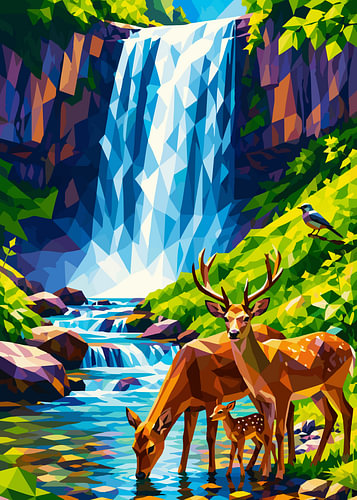 Low-Poly-Szene mit einer Hirschfamilie am Wasserfall