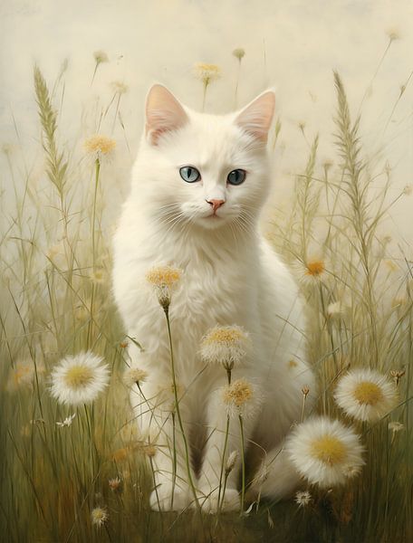 Weißer Kater im Flusenfeld von Emil Husstege