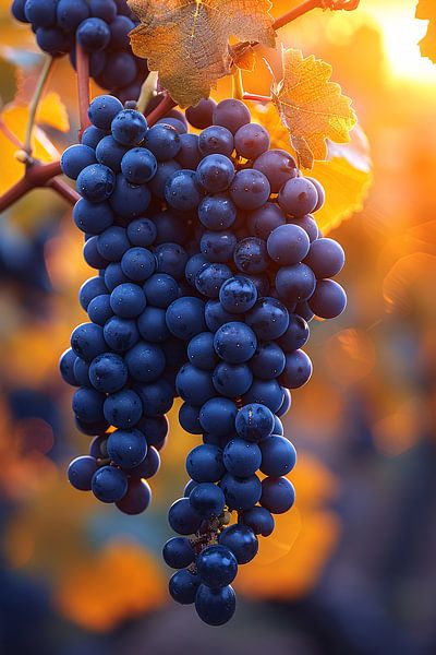 Goldenes Sonnenlicht auf reifen blauen Trauben von Art & Soul Creations