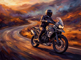 Triumph Tiger 800 au coucher de soleil dans les montagnes sur Jan Keteleer