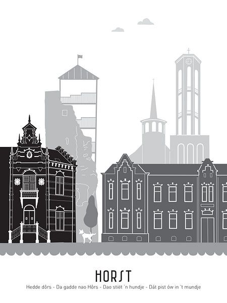 Skyline-Illustration der Stadt Horst in schwarz-weiß-grau von Mevrouw Emmer