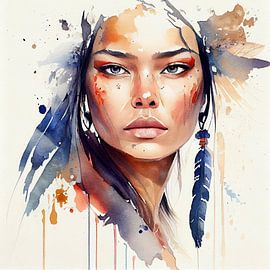 Native Warrior Woman Blue Feather Gaze by Chromatic Fusion Studio