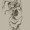 Femme dansant avec le vent - œuvre d'art semi-abstraite en taupe et grège sur Emiel de Lange