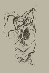 Frau tanzt mit dem Wind - halb-abstraktes Kunstwerk in Taupe und Greige
