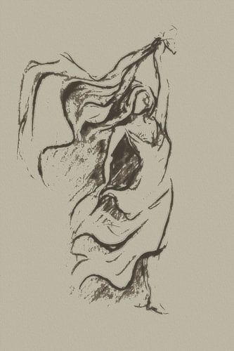 Vrouw danst met de wind - semi abstract kunstwerk in taupe en greige