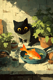 A curious cat and a goldfish in the kitchen by Erika Kaisersot