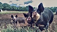 Surrealistisch schilderij van bonte varkens in een weiland van MijnStadsPoster thumbnail