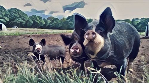 Peinture surréaliste de cochons colorés dans un pré sur Affiches de lieux