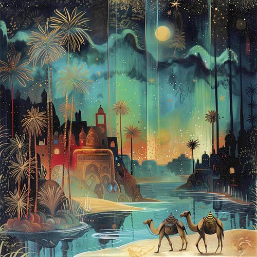 Des chameaux dans une oasis magique. sur Atmani Blok