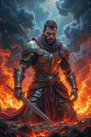 INFERNUM – Een Krijger die Knielt op een Brandend Slagveld van INFERAURUM