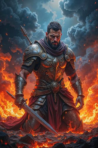 INFERNUM – A Warrior Kneeling on a Burning Battlefield