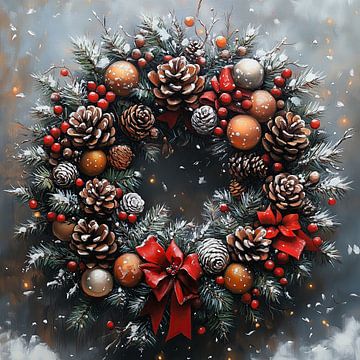 Couronne de Noël avec pommes de pin sur Peinture Abstraite