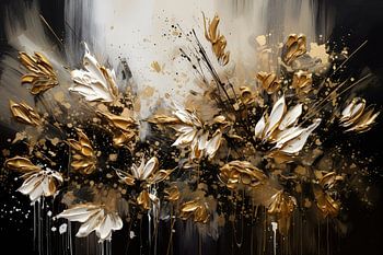 Schilderij Abstracte Bloemen | Bloemen Schilderij Abstract | Zwart Goud