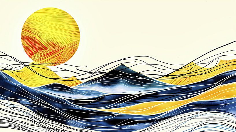 Paysage abstrait avec un soleil éclatant et des montagnes par Frank Heinz