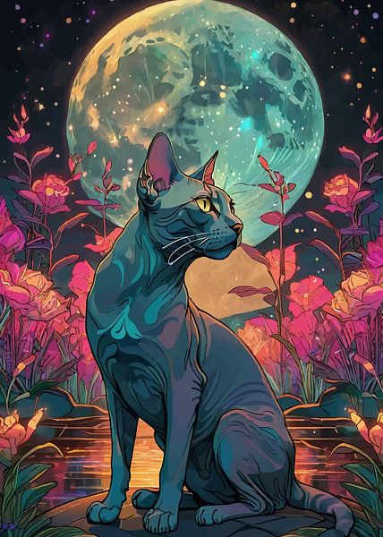 Chat Sphynx sous la lune 2 par MIROKKU