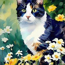 Impressionistisches Porträt Katze zwischen Blumen von Maud De Vries