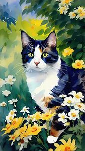 Portrait impressionniste chat parmi les fleurs