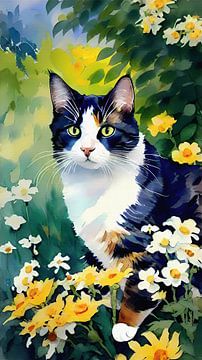 Impressionistic portrait cat among flowers by Maud De Vries