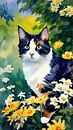 Impressionistisch portret kat tussen bloemen van Maud De Vries thumbnail