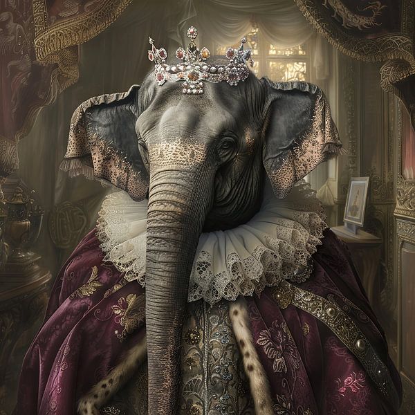 Koninklijke olifant - Barok dierenportret met kroon van Poster Art Shop