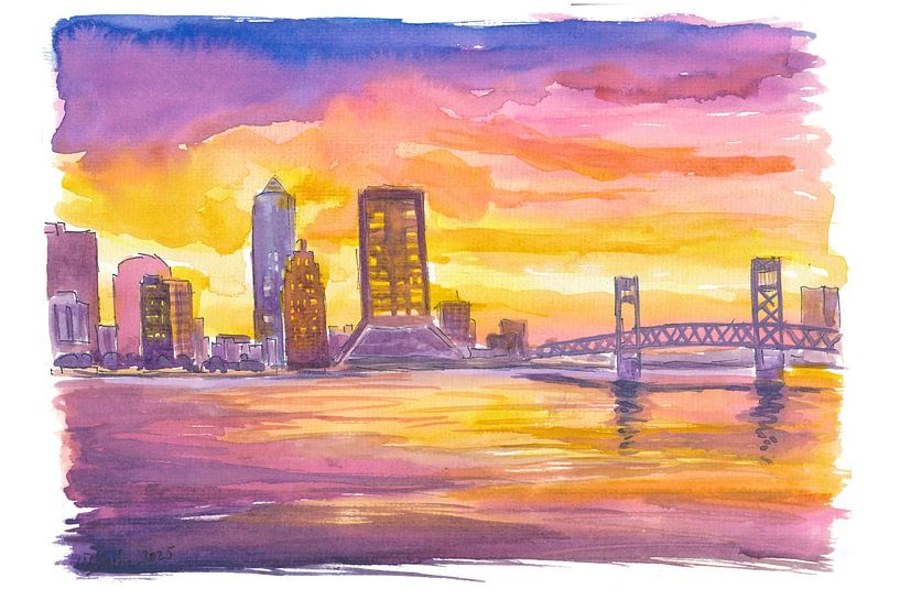 Jacksonville skyline licht op bij zonsondergang met rivierreflecties van Markus Bleichner