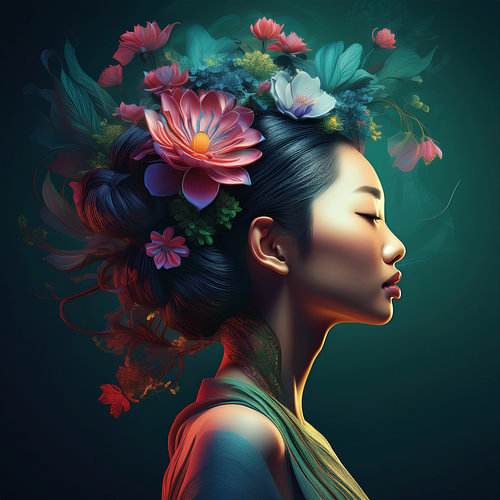 Asian woman wearing a floral crown, seen from the side