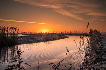 Zonsopkomst aan het water tijdens een koude ochtend in Nederland van Rick van de Kraats