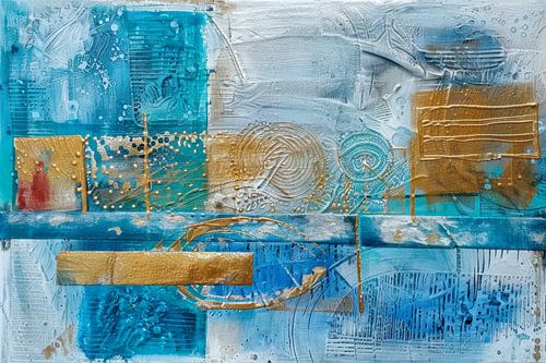 Turquoise Abstract Schilderij - Goudstructuren en Moderne Textuurkunst