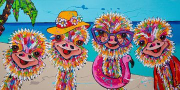 Autruches sur la plage sur Happy Paintings