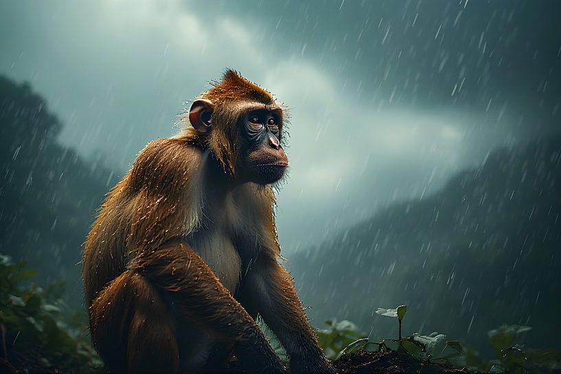 Singe de la jungle assis sous la pluie par pungky setiawan