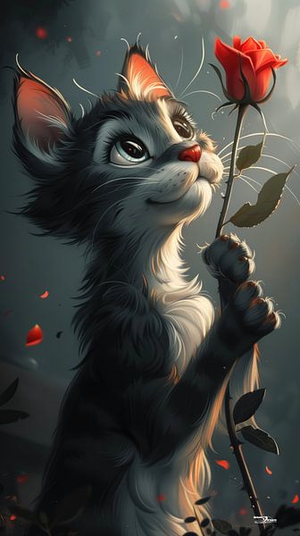 cat - cat with rose in drawing / cartoon by Gelissen Artworks
