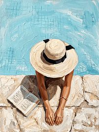 Ölgemälde im Impasto-Stil: Frau beim Lesen am Pool von Kimita Jennaira