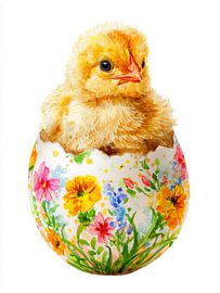 Poussin issu d'un œuf fleuri dans un style printanier frais