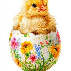 Poussin issu d'un œuf fleuri dans un style printanier frais sur But First Framing