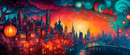 Coucher de soleil fantaisiste sur la ville