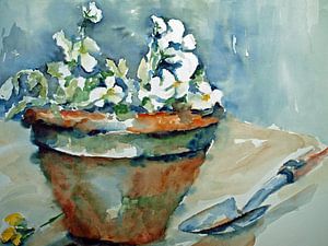 Terrakotta-Topf mit Veilchen. Handbemaltes Aquarell.