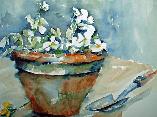 Pot en terre cuite avec violettes. Aquarelle peinte à la main.