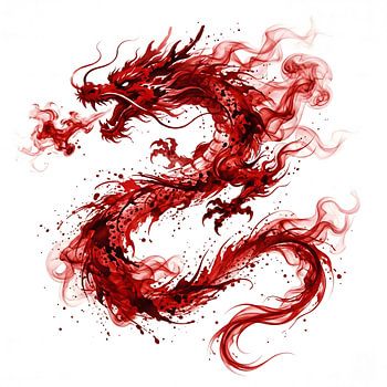 Dragon oriental rouge vif avec fumée et éclaboussures