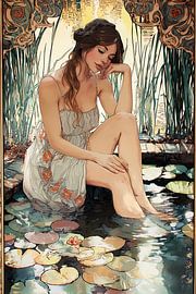 Alphonse Mucha style, woman bathing in pond, water lilies