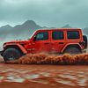 Red Jeep Wrangler at Sunset in the Dunes by robby akrim