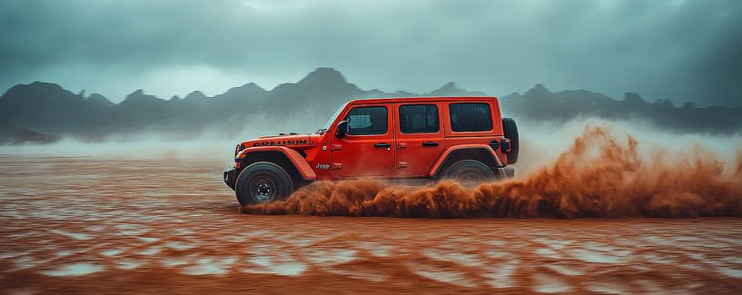 Rode Jeep Wrangler bij zonsondergang in de duinen van Lufy